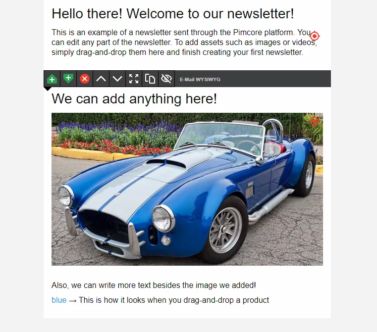 You can select a specific area of an image, or add markers and hotspots to the image. Also, there’s an option for direct upload from your hard drive.   The second content block that’s available in Pimcore’s email templating system is the email WYSIWYG block. You can add all types of content to this content block, from products to customer segments and various images.