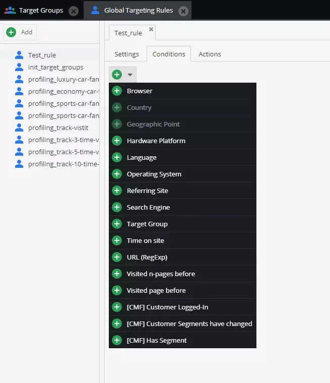 Setting conditions for global targeting rules in Pimcore